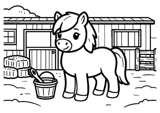 A pony standing beside a bucket and grooming brush in a paved stable yard.