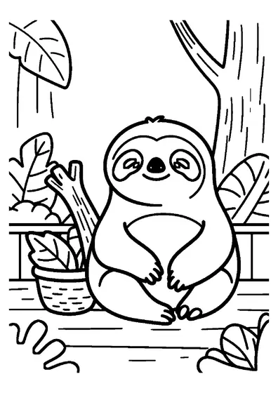 A sloth relaxing beside a basket of leaves on a wooden platform in the rainforest.