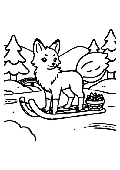 Un sonriente zorrito junto a un trineo en un camino nevado entre abetos.