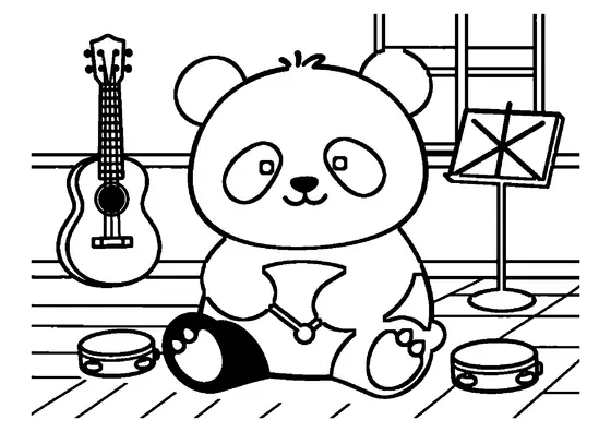 Un pui de panda zâmbitor stă pe o tobă mare, într-o sală de muzică luminoasă.