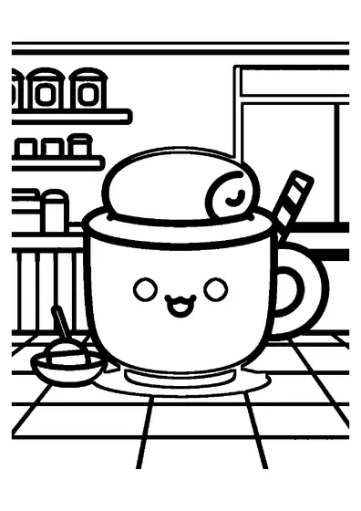 Eine niedliche Tasse mit Marshmallows auf einem Café-Tresen – Ausmalbild für Kinder.