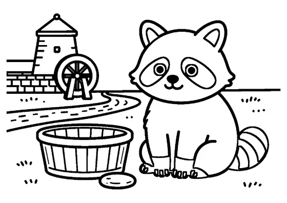 A raccoon sitting beside a wooden tub near a stream and an old mill.