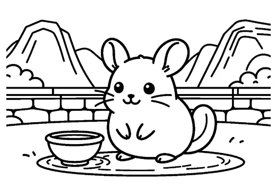A fluffy chinchilla beside a clay bowl on a stone terrace in the mountains.