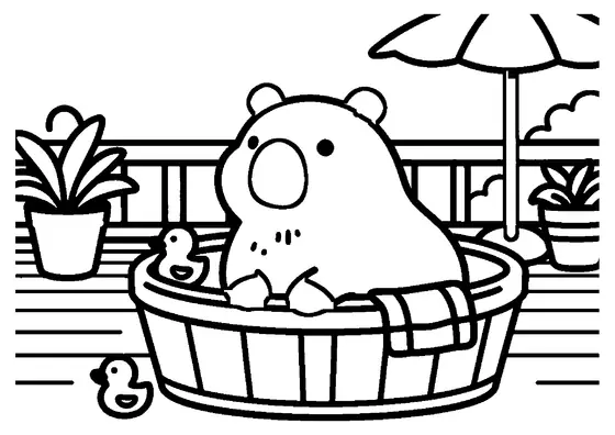 O capibara drăgălașă se relaxează într-o cadă de lemn, pe o terasă din grădină.