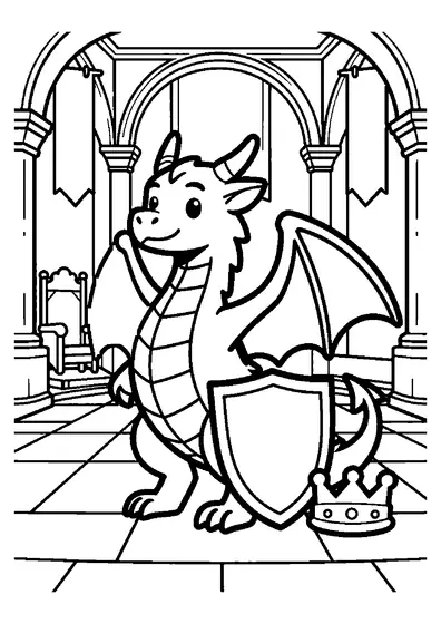 Un dragon héraldique près d’un grand bouclier et d’un coussin portant une couronne, dans la salle du trône d’un château.