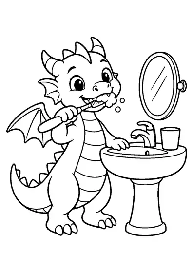 Friendly baby dragon brushing its teeth beside a pedestal sink with a cup, faucet, and round mirror.