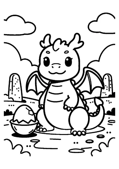 Un jeune dragon avec un grand œuf et une vasque en pierre au centre d’un cercle ancestral, dans la lande.