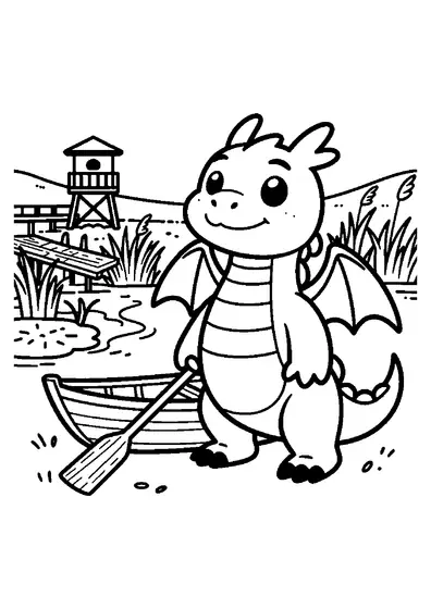 Un dragon aux ailes membraneuses se tient près d’une barque sur une passerelle en bois traversant les marais.