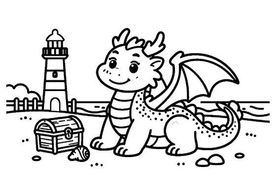Un dragón relajándose en una playa de arena junto a un faro y un cofre del tesoro.
