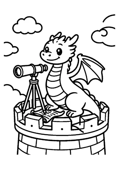 Un dragón sentado en la plataforma de observación de un bastión contemplando el paisaje.
