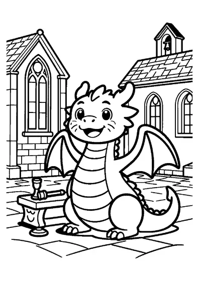 Un dragón fantástico de pie en el patio de piedra de una iglesia histórica.