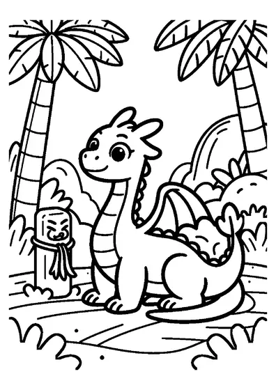 Un dragon zvelt de pădure, cu coadă ca o frunză, pe o pasarelă din lemn printre palmieri tropicali și liane.