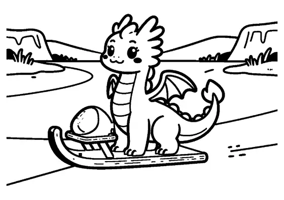 Un dragon duveteux se tient près d’un traîneau et d’une pierre sur la surface d’un lac gelé.