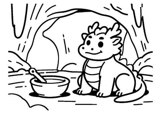 Un dragon masiv de munte lângă un izvor mărginit cu pietre, într-o peșteră stâncoasă de lângă un râu.