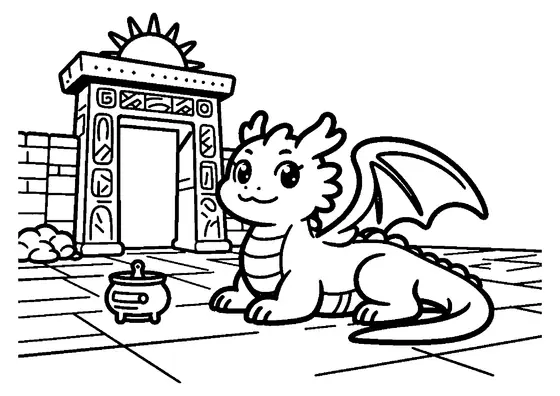 Dragon allongé près d'un portail en pierre d'un monument mégalithique.