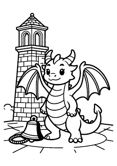 Un dragón alado sonriente de pie junto a unas campanas antiguas en el campanario de piedra de un castillo.
