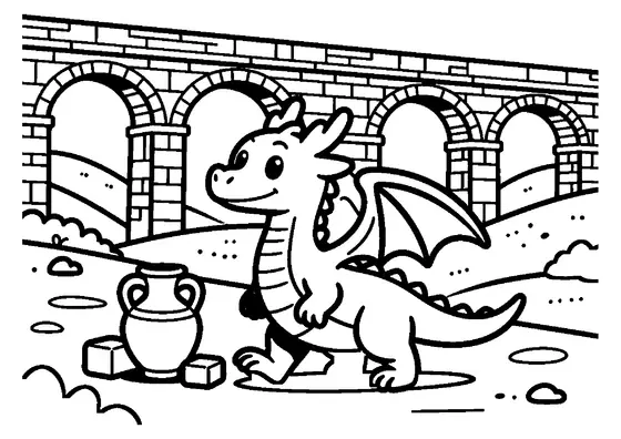 Un dragón caminando junto a un antiguo acueducto de piedra mientras lleva una ánfora de agua.