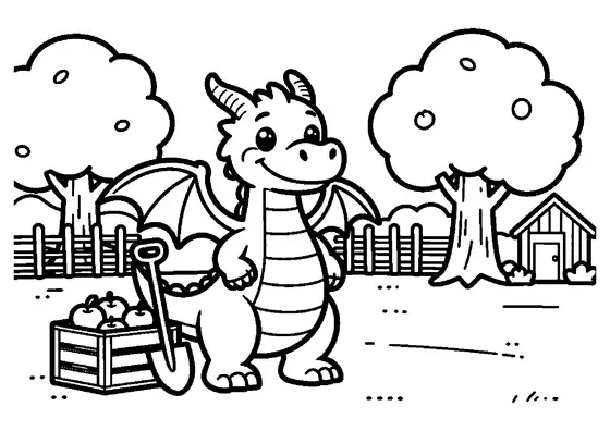 Ein fröhlicher Drache mit lächelndem Maul steht bei einer Apfelkiste und einer Schaufel in einem ländlichen Obstgarten.