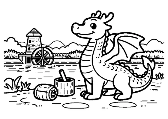 Un dragon souriant près d’un sac de céréales et d’une meule, devant un moulin au bord de la rivière.