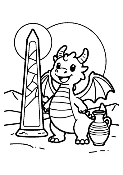 Smok opierający się o stary obelisk pokryty rytami na pustyni.