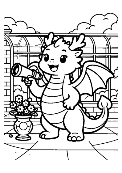 Un dragón de pie junto a un jarrón de flores y el invernadero de cristal de un palacio.