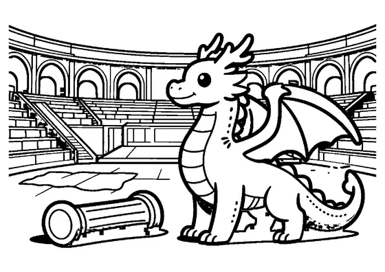 Un long dragon se tient près d’un vase en pierre, au milieu des terrasses d’un ancien amphithéâtre.