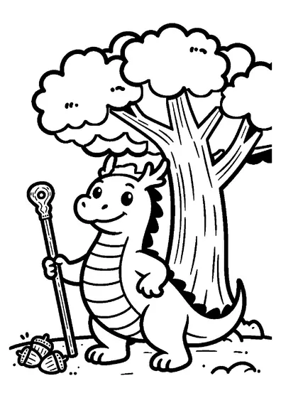 Un dragón grande con alas anchas descansando junto al tronco masivo de un roble milenario.