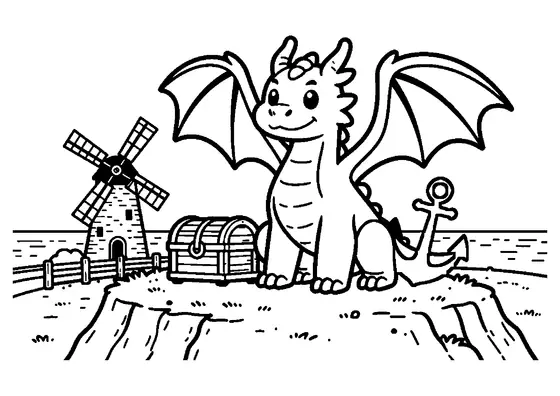 Un dragon assis sur une colline près d’un moulin à vent et d’un coffre marin.