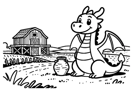 Un simpático dragón junto a un granero elevado de pueblo, un saco de grano y una jarra de agua.