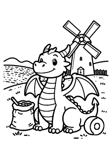 Un dragon souriant est assis près d’un sac de grains, à côté d’un grand moulin à vent de la campagne.