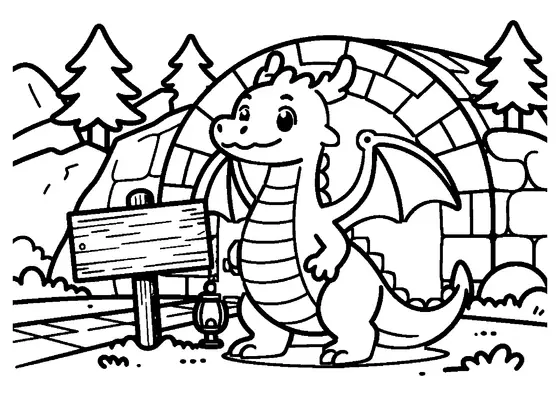 Un dragón de pie junto a un cartel a la entrada de un túnel labrado en la roca.