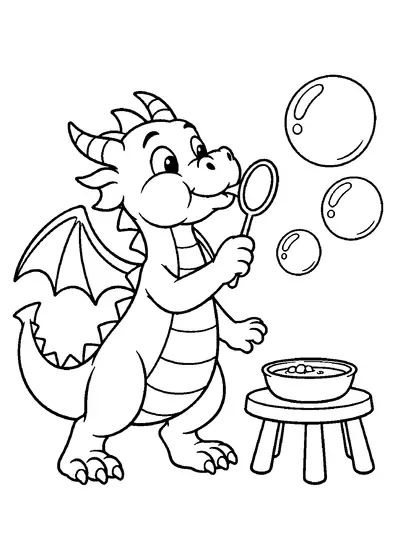 Cheerful dragon blowing three round soap bubbles through a large wand beside a bowl on a low stool.