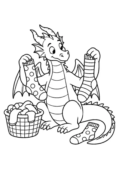 Seated dragon comparing spotted and striped socks beside a laundry basket and a matching spotted sock.