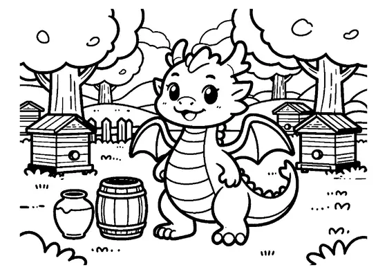 Un dragón sonriente en un colmenar del bosque junto a una colmena de madera y un cubo de miel.