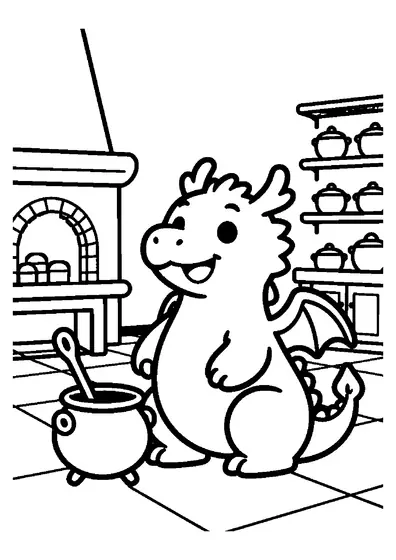 Un dragon souriant est assis près d’un grand chaudron dans la cuisine d’un palais.