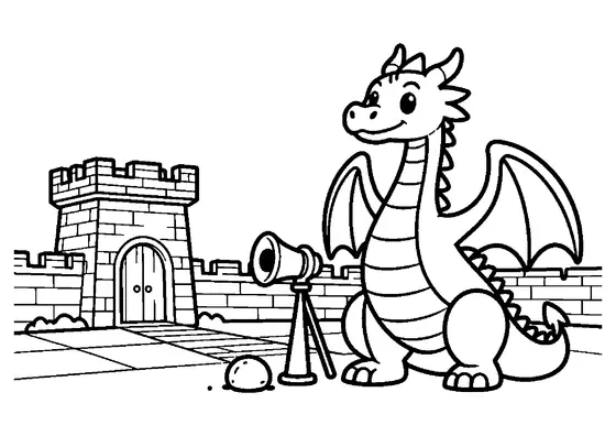 Un dragon înaripat și impunător în curtea unui turn de veghe din piatră, cu vedere spre mare.