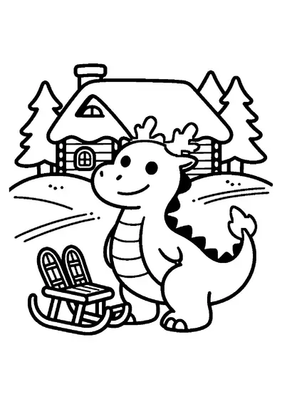 Dragon debout dans la neige à côté d'un traîneau, dans un village de montagne enneigé.