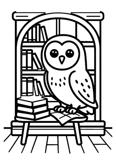 O strigă stă pe un raft, lângă o hartă deschisă și un teanc de cărți, într-o bibliotecă de modă veche.