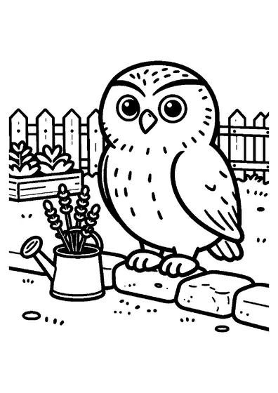 Ein Steinkauz sitzt auf einer Steineinfassung neben einer Gießkanne und Lavendel im Garten.
