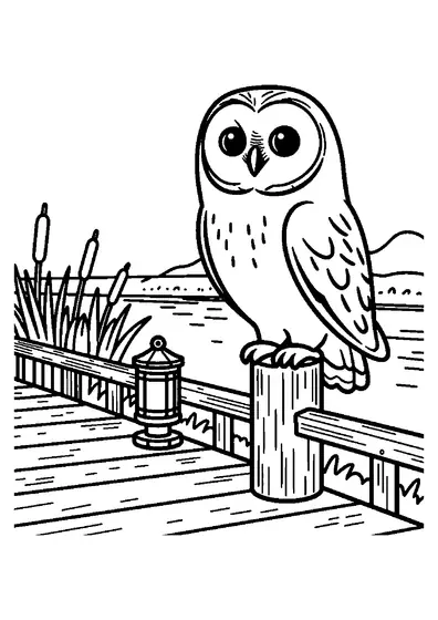 Sumpfohreule auf einem Holzpfosten neben einem Weg durch das Moor, Illustration zum Ausmalen.