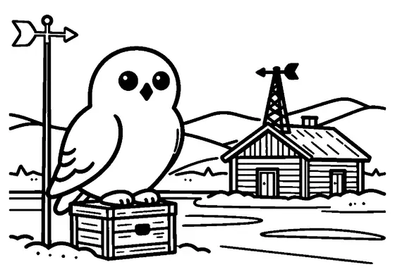 Schnee-Eule auf einer Kiste an einer Polarstation mit Windfahne, Illustration für Kinder.