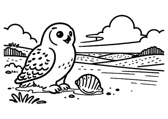 Schneeeule auf einer Sanddüne neben einer Muschel und einem Ast, im Hintergrund ein Strandzaun.