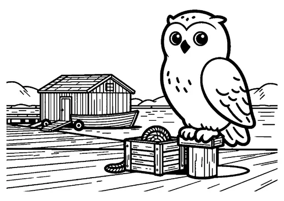 Schnee-Eule auf einem hölzernen Spill an einem Seehafen, Illustration zum Ausdrucken.