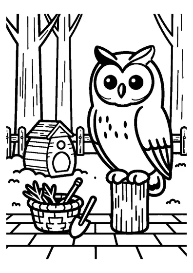 Waldohreule auf einem Zaunpfosten im Kräutergarten neben einer traditionellen Klotzbeute, Ausmalbild.