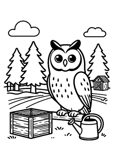 Waldohreule neben einer Kiste und Gießkanne, umgeben von Fichten und einer Holzhütte.
