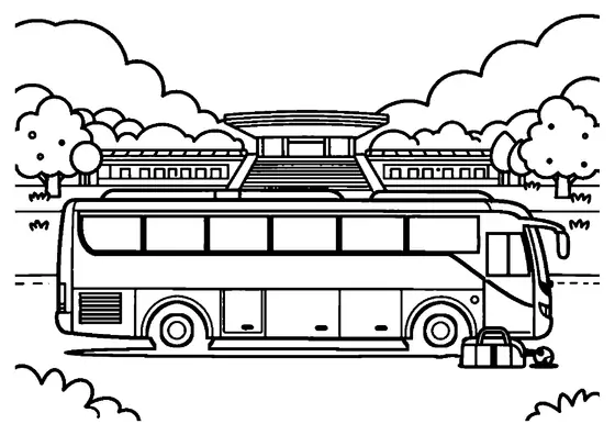Un grand bus d’équipe sportive est garé près du stade, avec un sac et un ballon.
