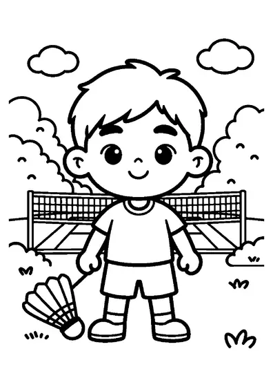 Un joueur de badminton souriant se tient près d’une raquette et d’un volant.