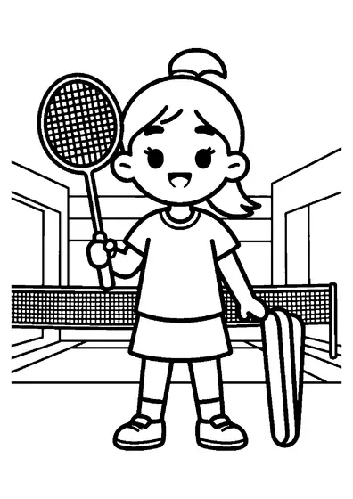 A young girl standing by a racket and a large box filled with badminton gear.