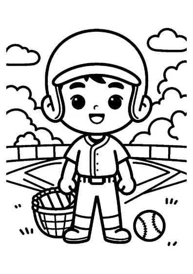 A smiling baseball player standing by a large basket of gloves and a ball on the field.