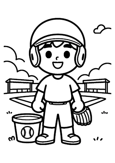 A smiling baseball player in a helmet standing next to a large bucket of baseballs and a glove.